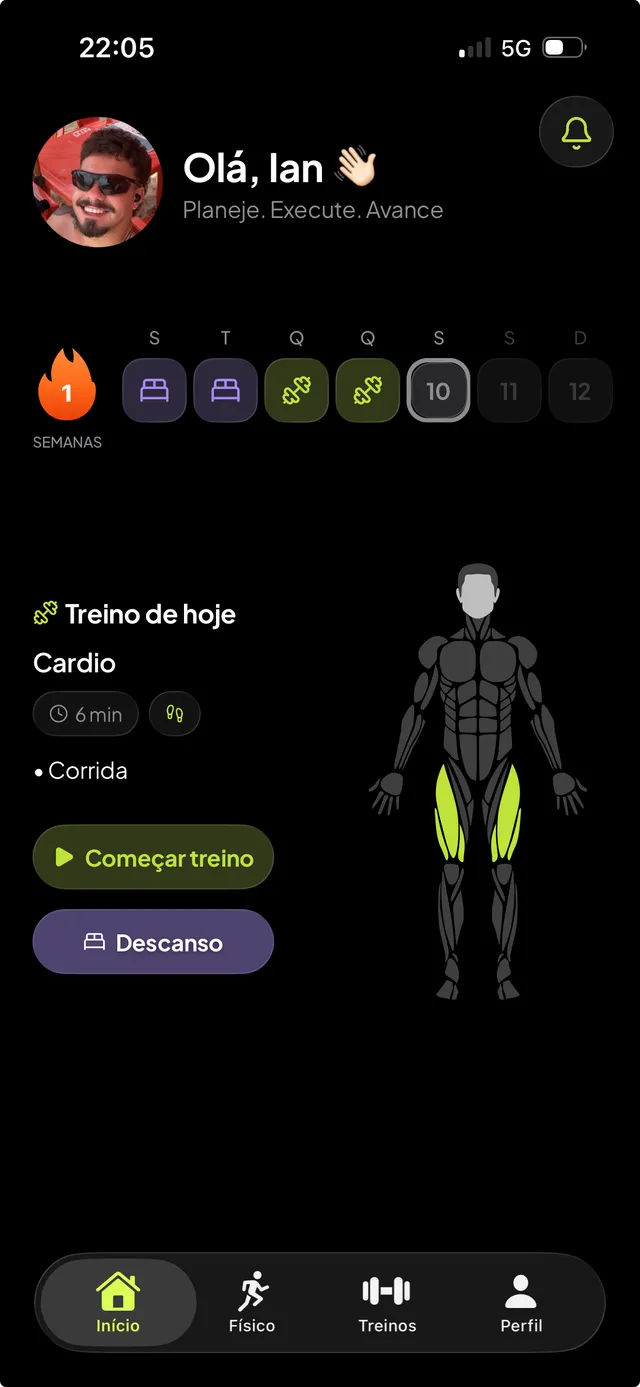 Tela inicial do aluno com ofensiva e músculos trabalhados