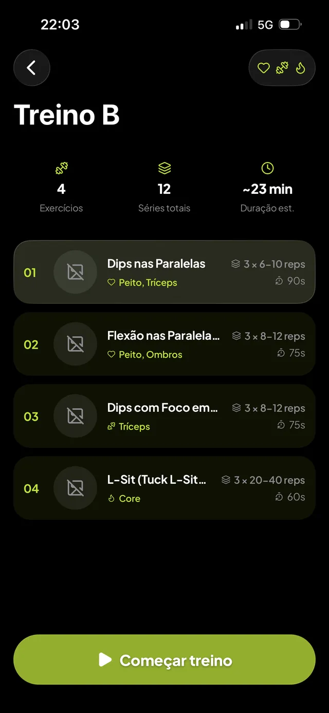 Detalhe de um treino com séries, reps e descanso