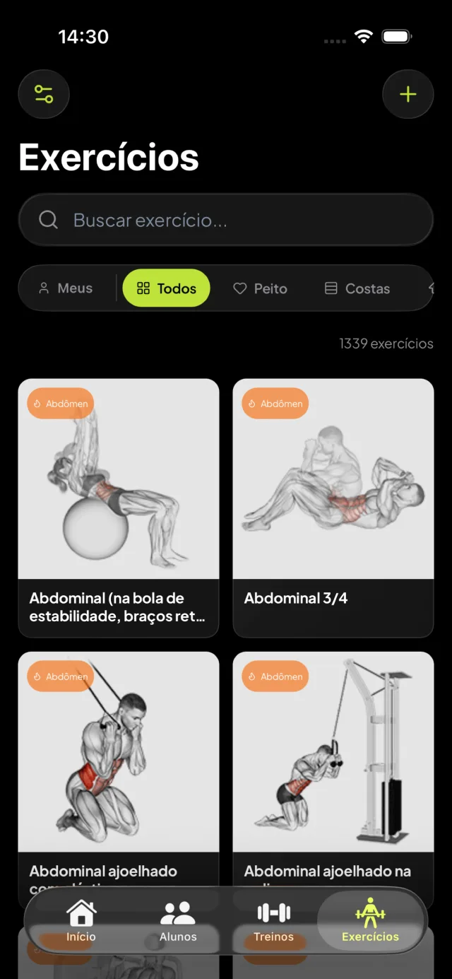 Catálogo de exercícios com demonstrações gravadas pelo personal