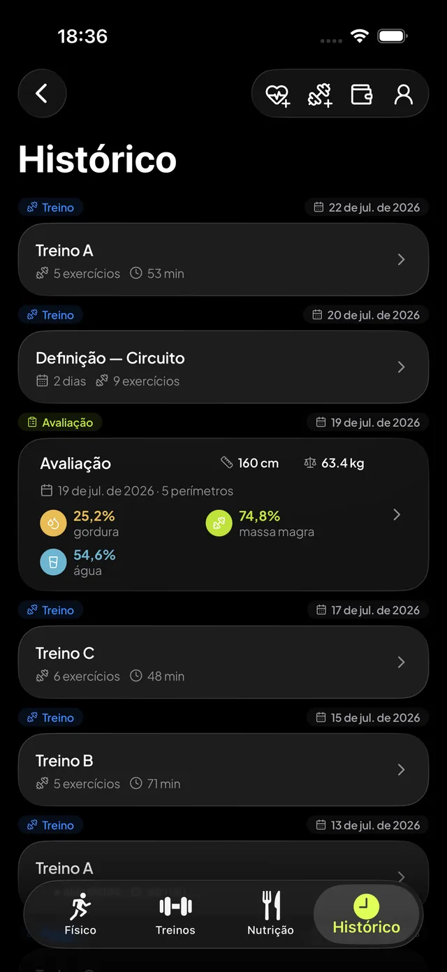 Histórico do aluno com treinos e avaliações na linha do tempo