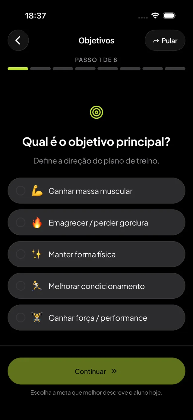 Wizard de objetivos que direciona o plano de treino