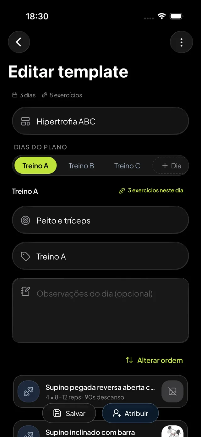Edição de um template de treino no Avance