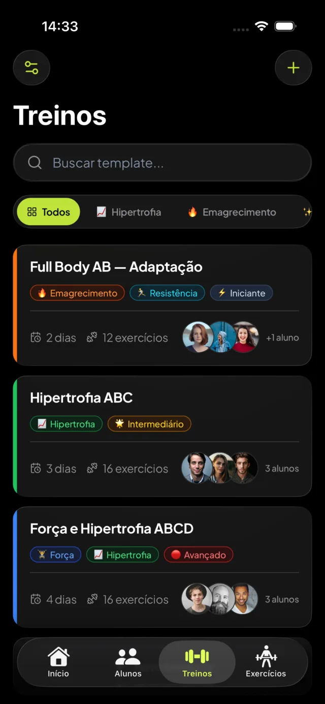 Biblioteca de treinos do personal com objetivos e alunos